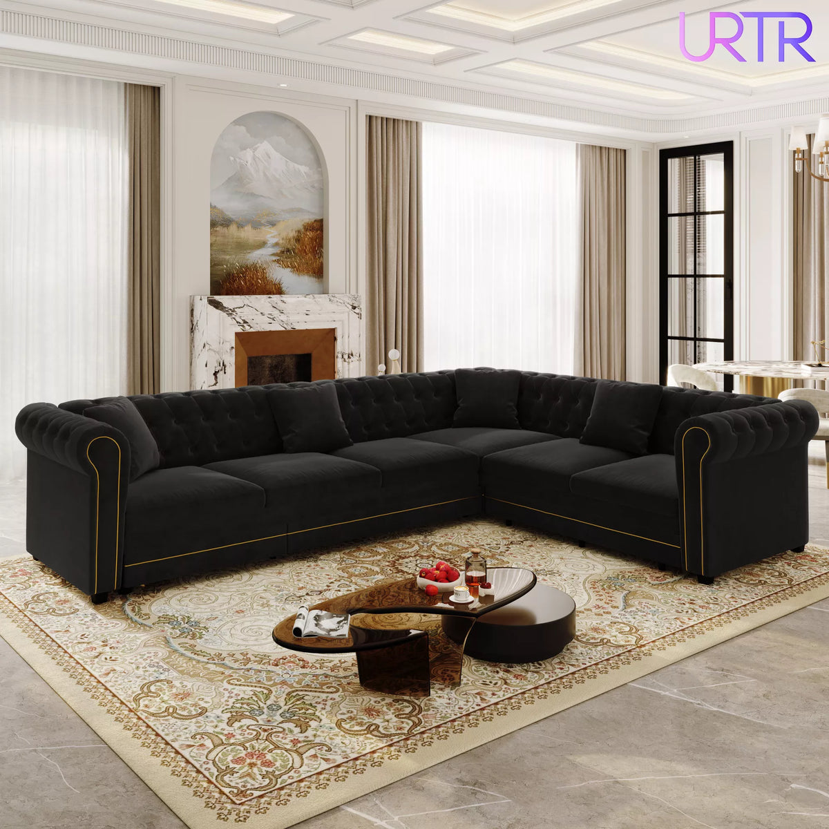 URTR L-Shaped Sleeper Sofa with Pull Out Bed, Convertible Velvet Sectional Couch with Deep Seating and Chesterfield Style