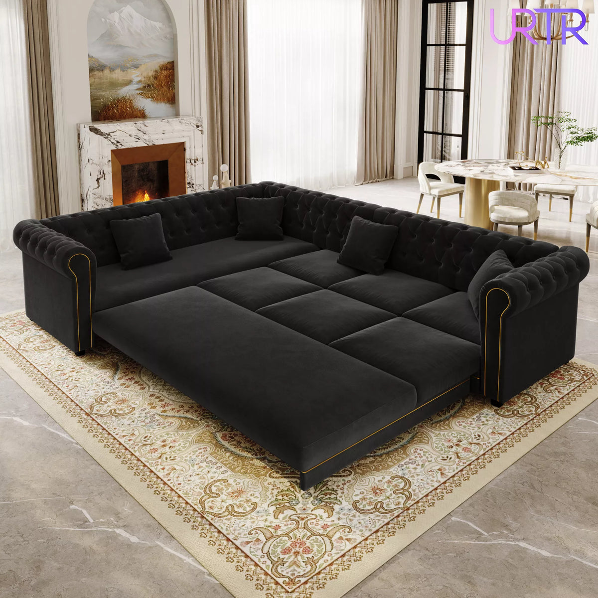 URTR L-Shaped Sleeper Sofa with Pull Out Bed, Convertible Velvet Sectional Couch with Deep Seating and Chesterfield Style