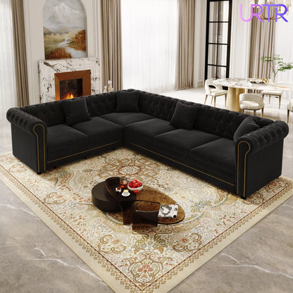 URTR L-Shaped Sleeper Sofa with Pull Out Bed, Convertible Velvet Sectional Couch with Deep Seating and Chesterfield Style