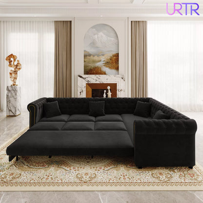 URTR L-Shaped Sleeper Sofa with Pull Out Bed, Convertible Velvet Sectional Couch with Deep Seating and Chesterfield Style