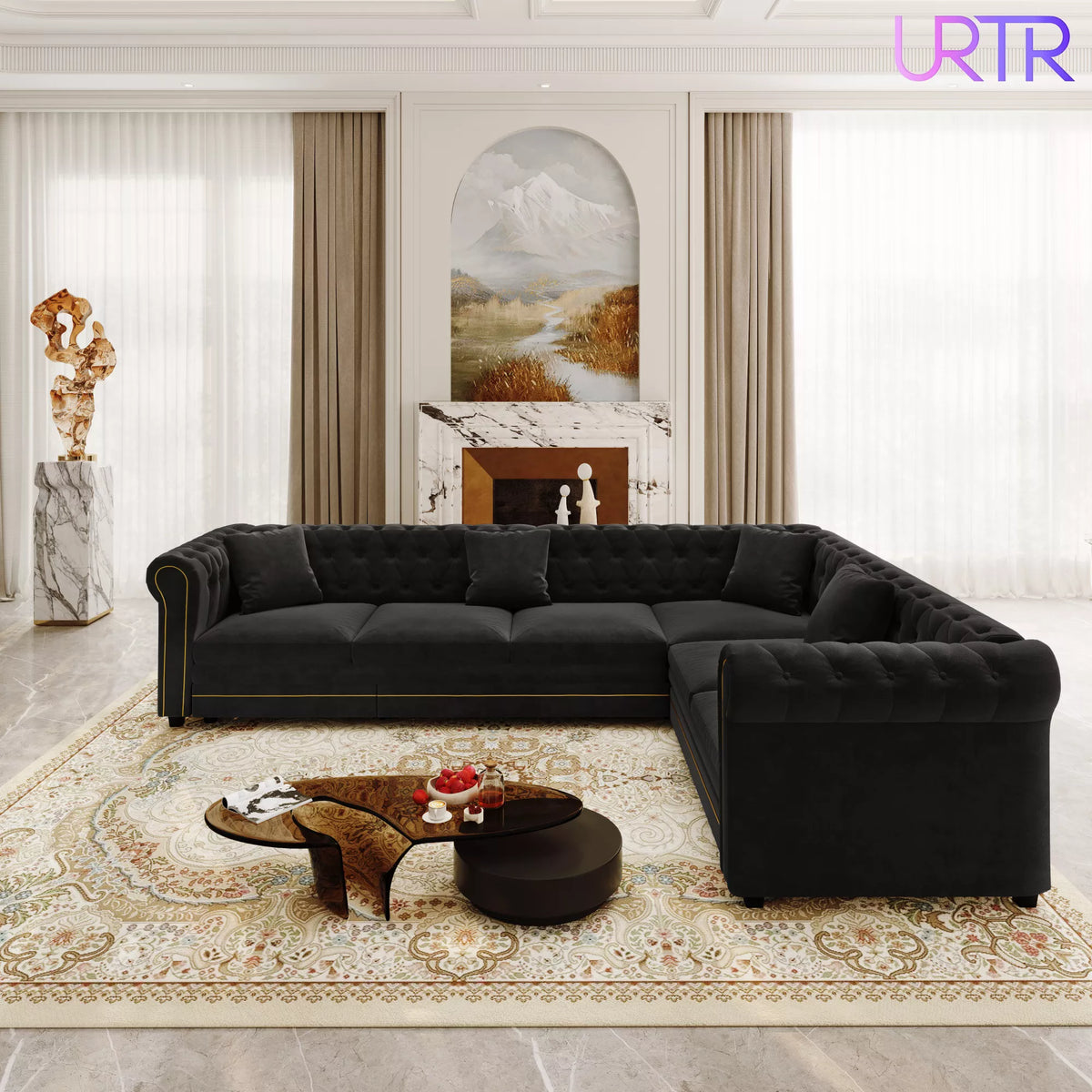 URTR L-Shaped Sleeper Sofa with Pull Out Bed, Convertible Velvet Sectional Couch with Deep Seating and Chesterfield Style