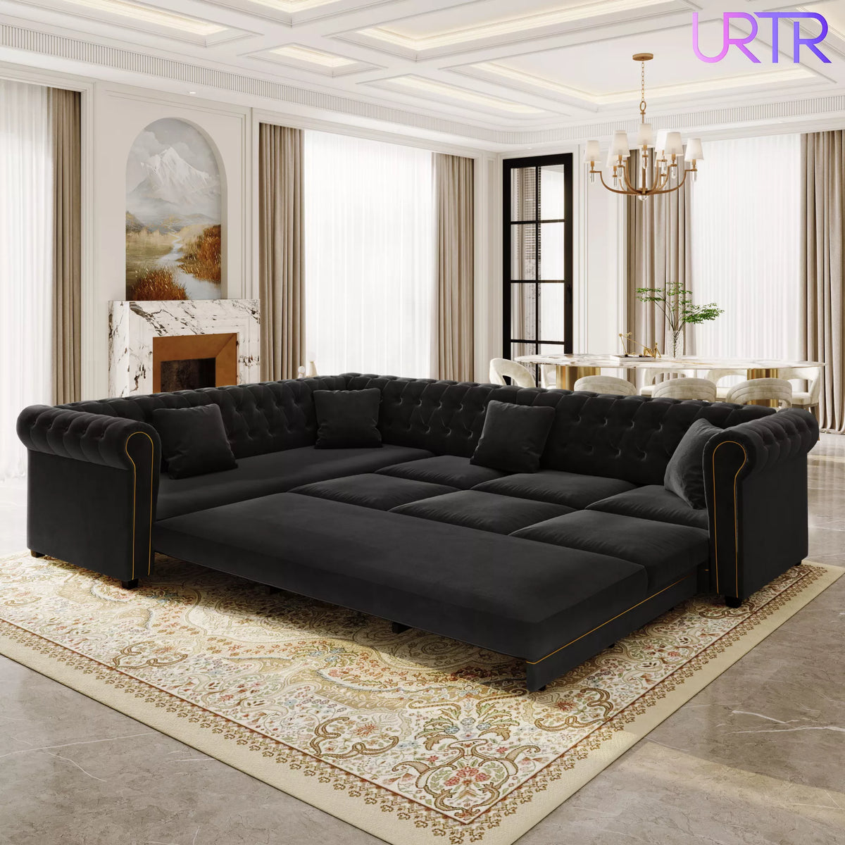 URTR L-Shaped Sleeper Sofa with Pull Out Bed, Convertible Velvet Sectional Couch with Deep Seating and Chesterfield Style