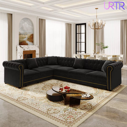 URTR L-Shaped Sleeper Sofa with Pull Out Bed, Convertible Velvet Sectional Couch with Deep Seating and Chesterfield Style