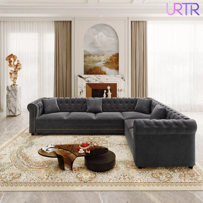 URTR L-Shaped Sleeper Sofa with Pull Out Bed, Convertible Velvet Sectional Couch with Deep Seating and Chesterfield Style