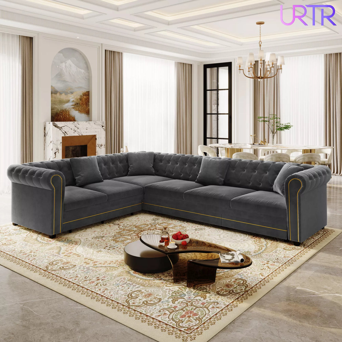 URTR L-Shaped Sleeper Sofa with Pull Out Bed, Convertible Velvet Sectional Couch with Deep Seating and Chesterfield Style