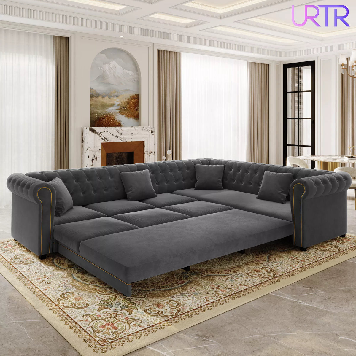 URTR L-Shaped Sleeper Sofa with Pull Out Bed, Convertible Velvet Sectional Couch with Deep Seating and Chesterfield Style