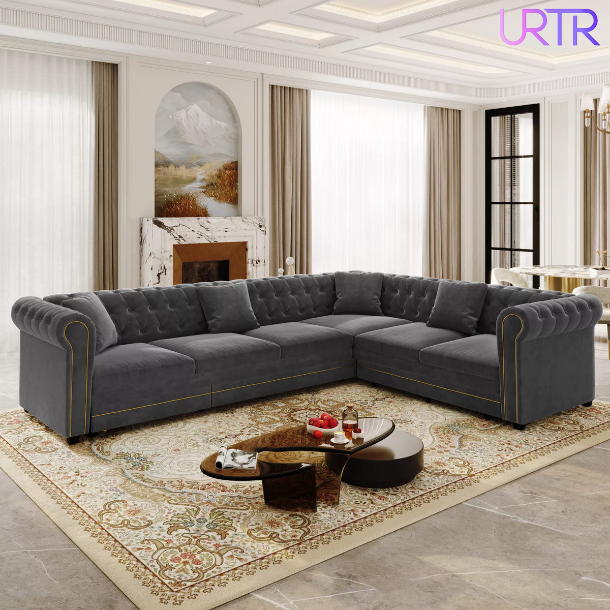 URTR L-Shaped Sleeper Sofa with Pull Out Bed, Convertible Velvet Sectional Couch with Deep Seating and Chesterfield Style