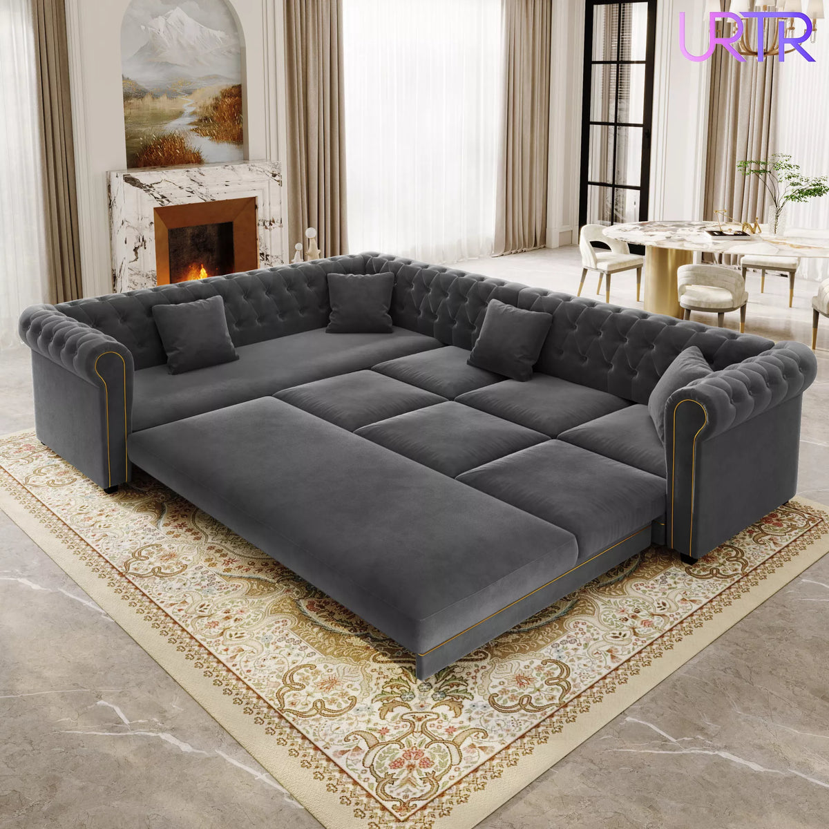 URTR L-Shaped Sleeper Sofa with Pull Out Bed, Convertible Velvet Sectional Couch with Deep Seating and Chesterfield Style