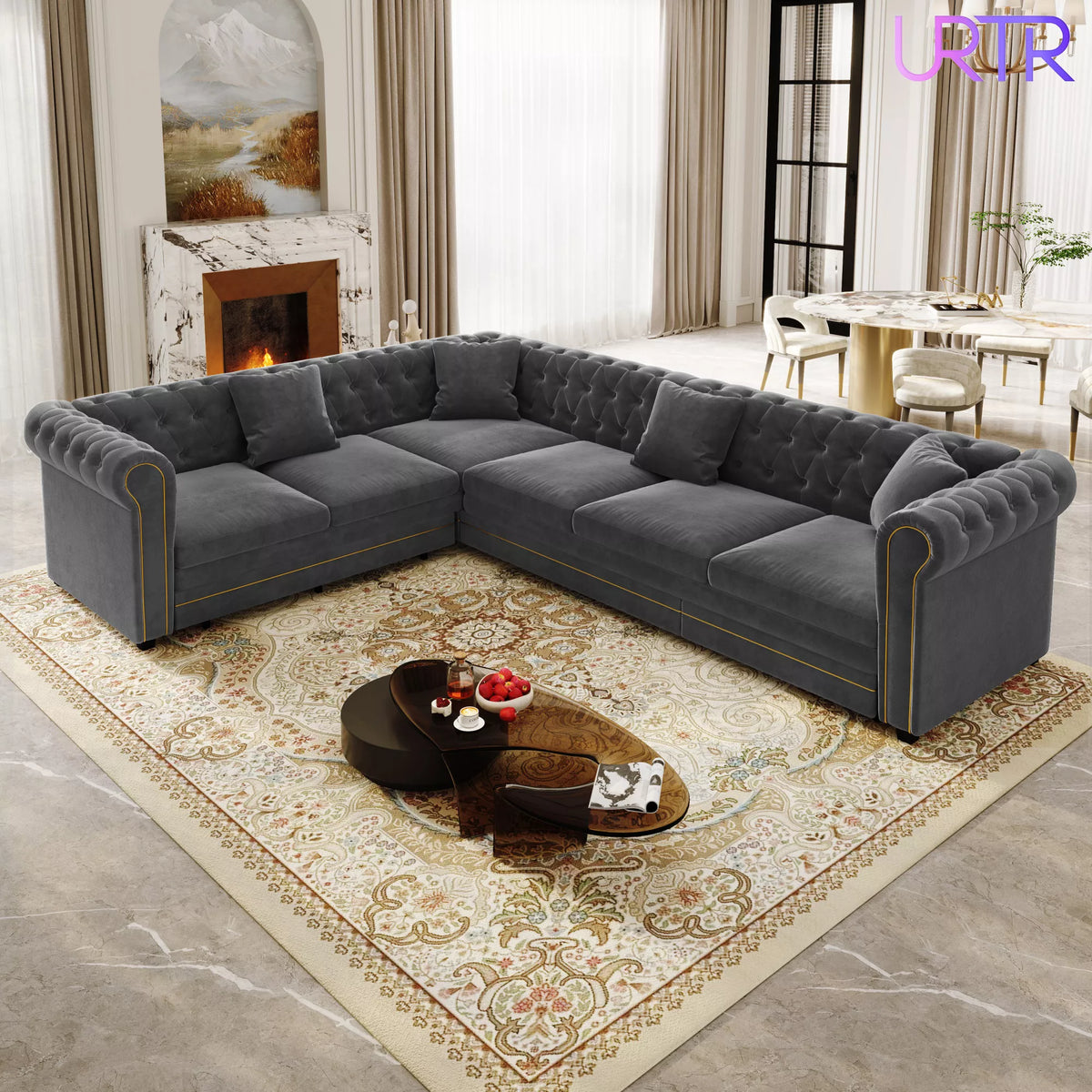 URTR L-Shaped Sleeper Sofa with Pull Out Bed, Convertible Velvet Sectional Couch with Deep Seating and Chesterfield Style