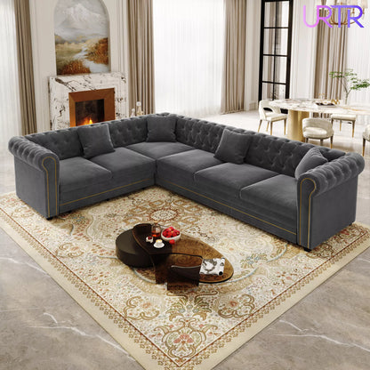 URTR L-Shaped Sleeper Sofa with Pull Out Bed, Convertible Velvet Sectional Couch with Deep Seating and Chesterfield Style
