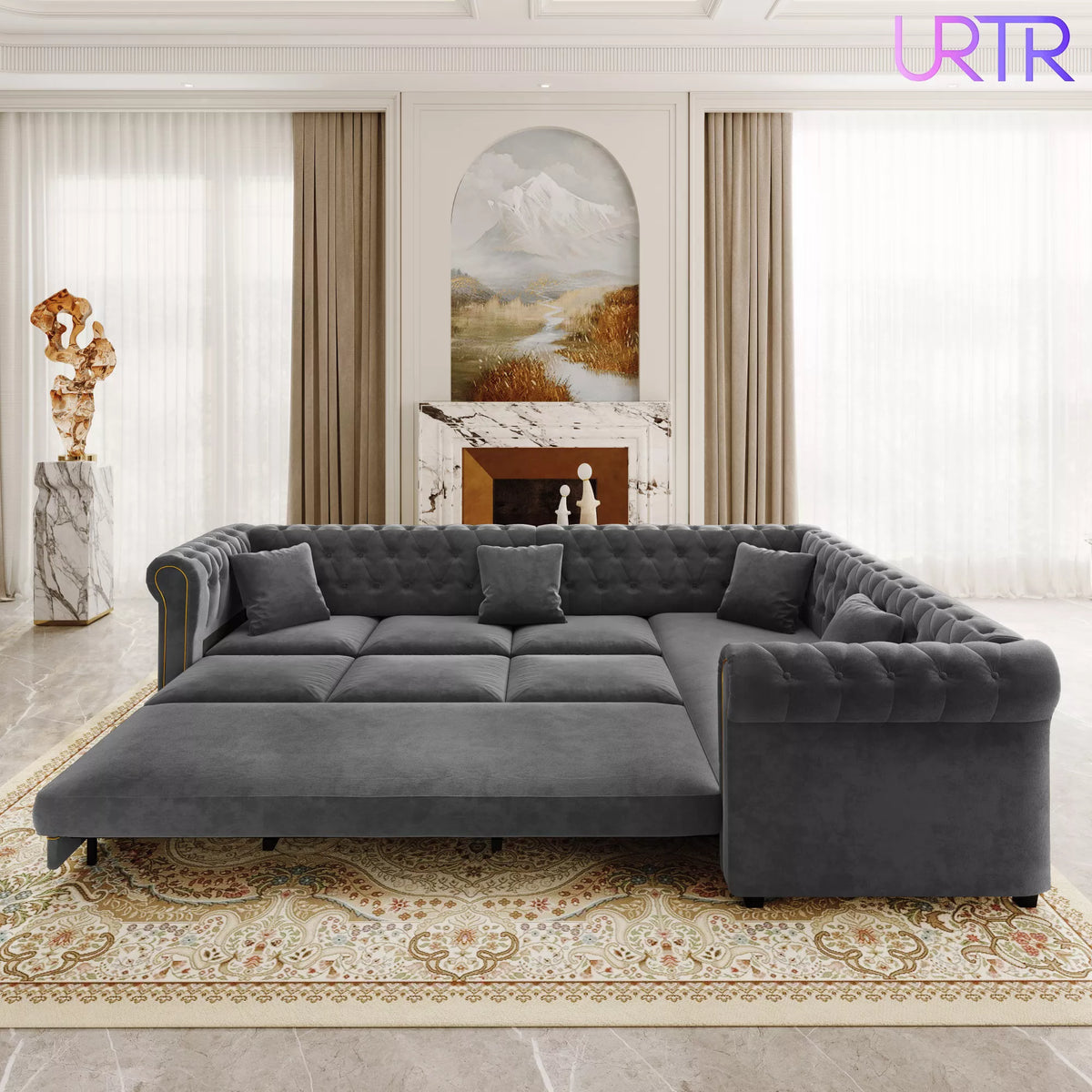 URTR L-Shaped Sleeper Sofa with Pull Out Bed, Convertible Velvet Sectional Couch with Deep Seating and Chesterfield Style