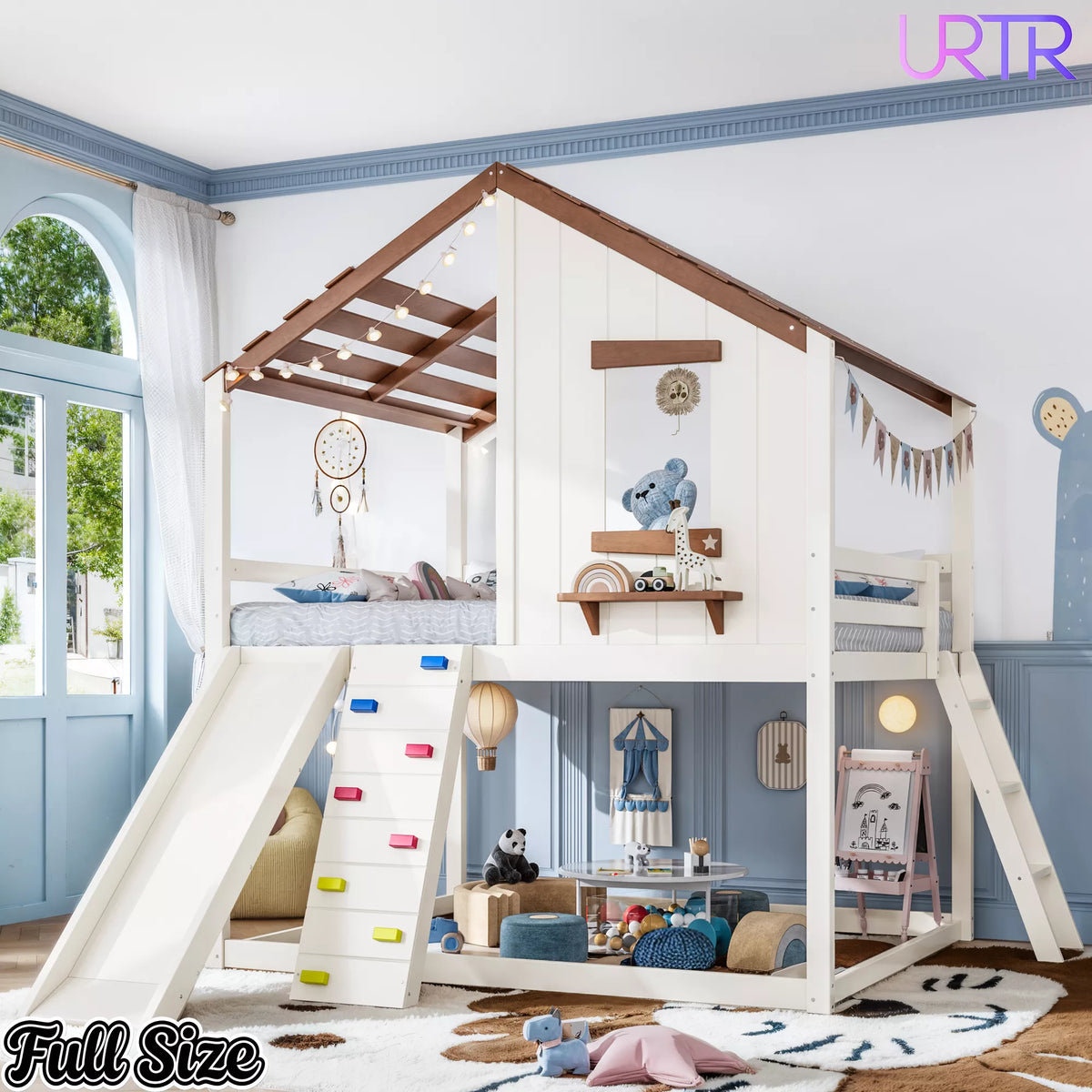 URTR Playhouse Loft Bed with Slide, Ladder & House Roof Design, Kids Loft Bed with Window, Convertible Bunk Bed
