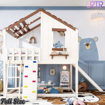 URTR Playhouse Loft Bed with Slide, Ladder & House Roof Design, Kids Loft Bed with Window, Convertible Bunk Bed