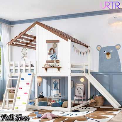 URTR Playhouse Loft Bed with Slide, Ladder & House Roof Design, Kids Loft Bed with Window, Convertible Bunk Bed