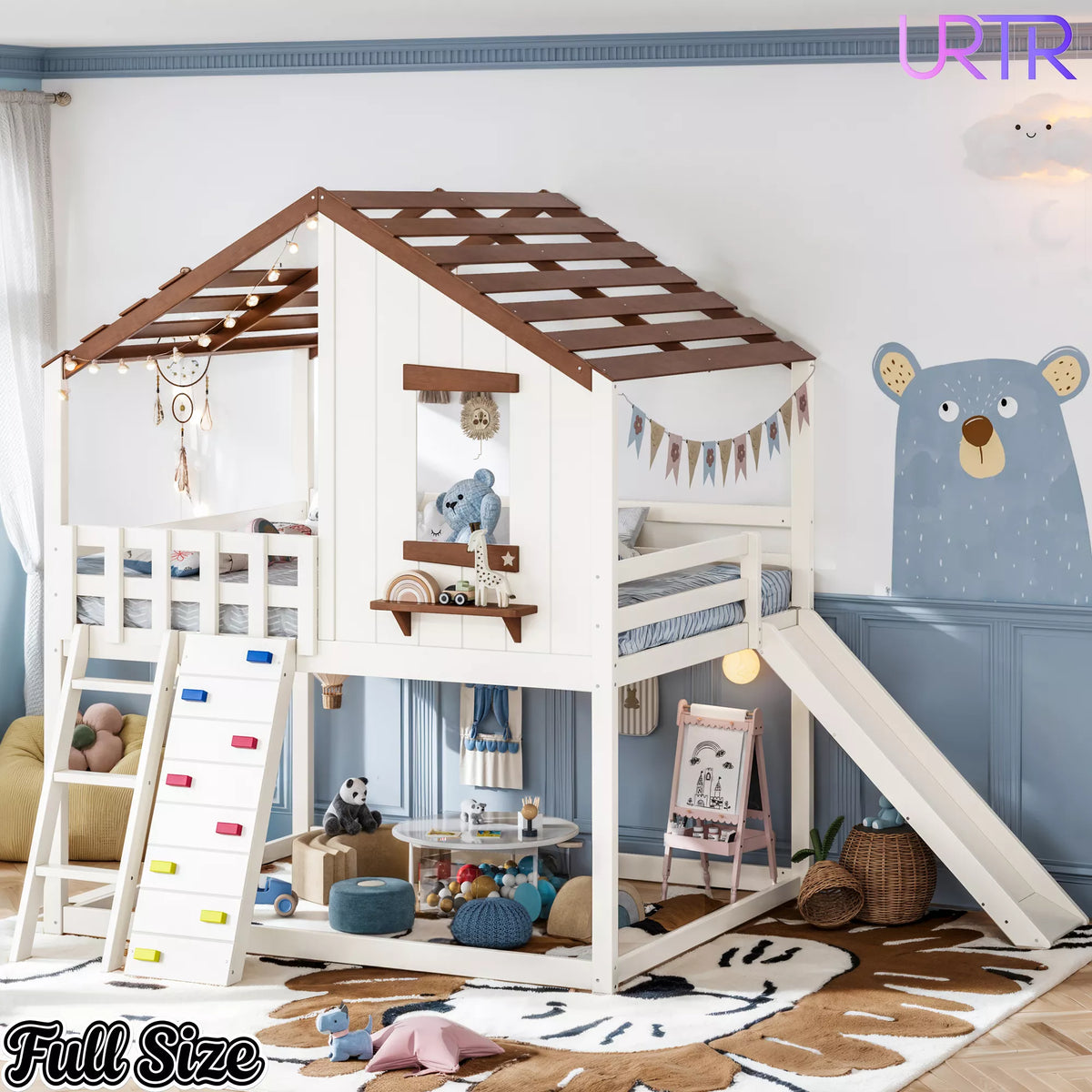 URTR Playhouse Loft Bed with Slide, Ladder & House Roof Design, Kids Loft Bed with Window, Convertible Bunk Bed