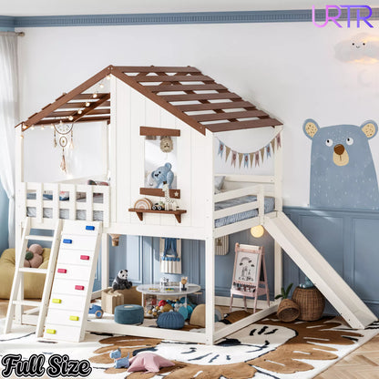 URTR Playhouse Loft Bed with Slide, Ladder & House Roof Design, Kids Loft Bed with Window, Convertible Bunk Bed