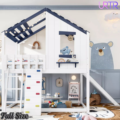 URTR Playhouse Loft Bed with Slide, Ladder & House Roof Design, Kids Loft Bed with Window, Convertible Bunk Bed