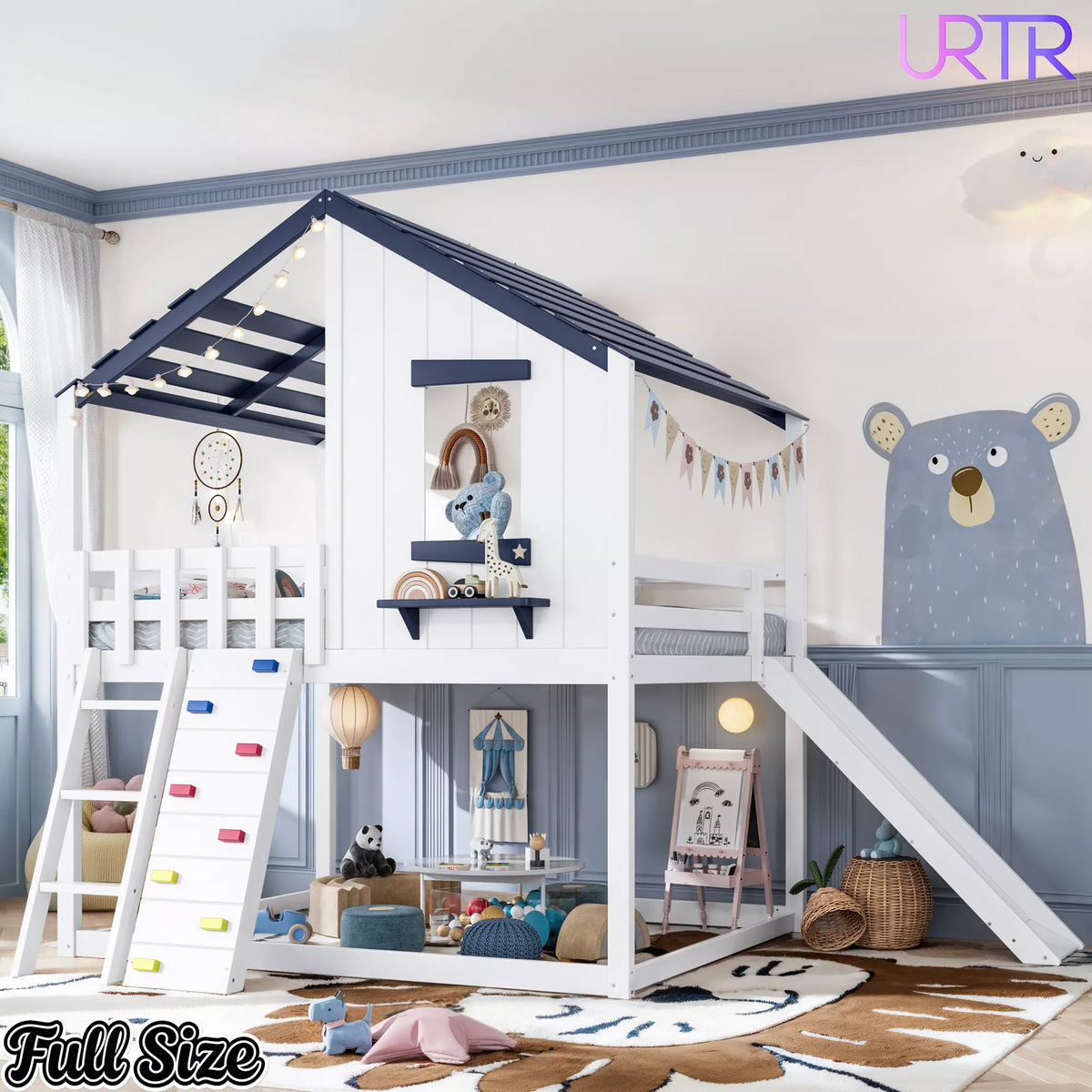 URTR Playhouse Loft Bed with Slide, Ladder & House Roof Design, Kids Loft Bed with Window, Convertible Bunk Bed
