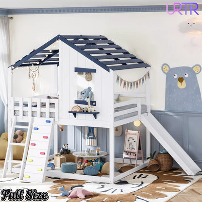 URTR Playhouse Loft Bed with Slide, Ladder & House Roof Design, Kids Loft Bed with Window, Convertible Bunk Bed