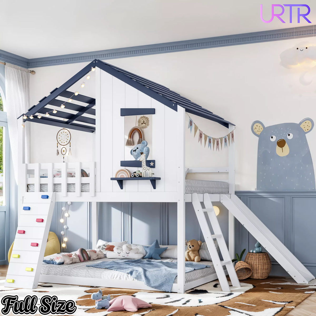 URTR Playhouse Loft Bed with Slide, Ladder & House Roof Design, Kids Loft Bed with Window, Convertible Bunk Bed