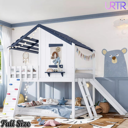 URTR Playhouse Loft Bed with Slide, Ladder & House Roof Design, Kids Loft Bed with Window, Convertible Bunk Bed