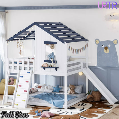 URTR Playhouse Loft Bed with Slide, Ladder & House Roof Design, Kids Loft Bed with Window, Convertible Bunk Bed