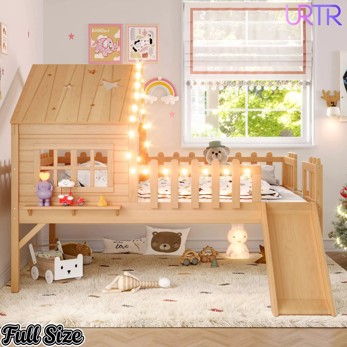 URTR Full Size Kids Low Loft Bed with Slide,House Loft Bed with LED Lights and Ladder,Solid Wood Girls Loft Bed Frame with Safety Guardrails for Girls Boys,Natural