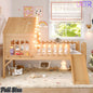 URTR Full Size Kids Low Loft Bed with Slide,House Loft Bed with LED Lights and Ladder,Solid Wood Girls Loft Bed Frame with Safety Guardrails for Girls Boys,Natural