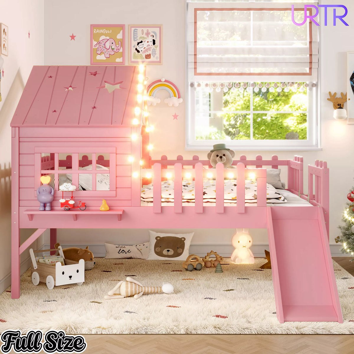 URTR Full Size Kids Low Loft Bed with Slide,House Loft Bed with LED Lights and Ladder,Solid Wood Girls Loft Bed Frame with Safety Guardrails for Girls Boys,Natural