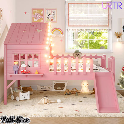URTR Full Size Kids Low Loft Bed with Slide,House Loft Bed with LED Lights and Ladder,Solid Wood Girls Loft Bed Frame with Safety Guardrails for Girls Boys,Natural