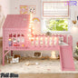 URTR Full Size Kids Low Loft Bed with Slide,House Loft Bed with LED Lights and Ladder,Solid Wood Girls Loft Bed Frame with Safety Guardrails for Girls Boys,Natural