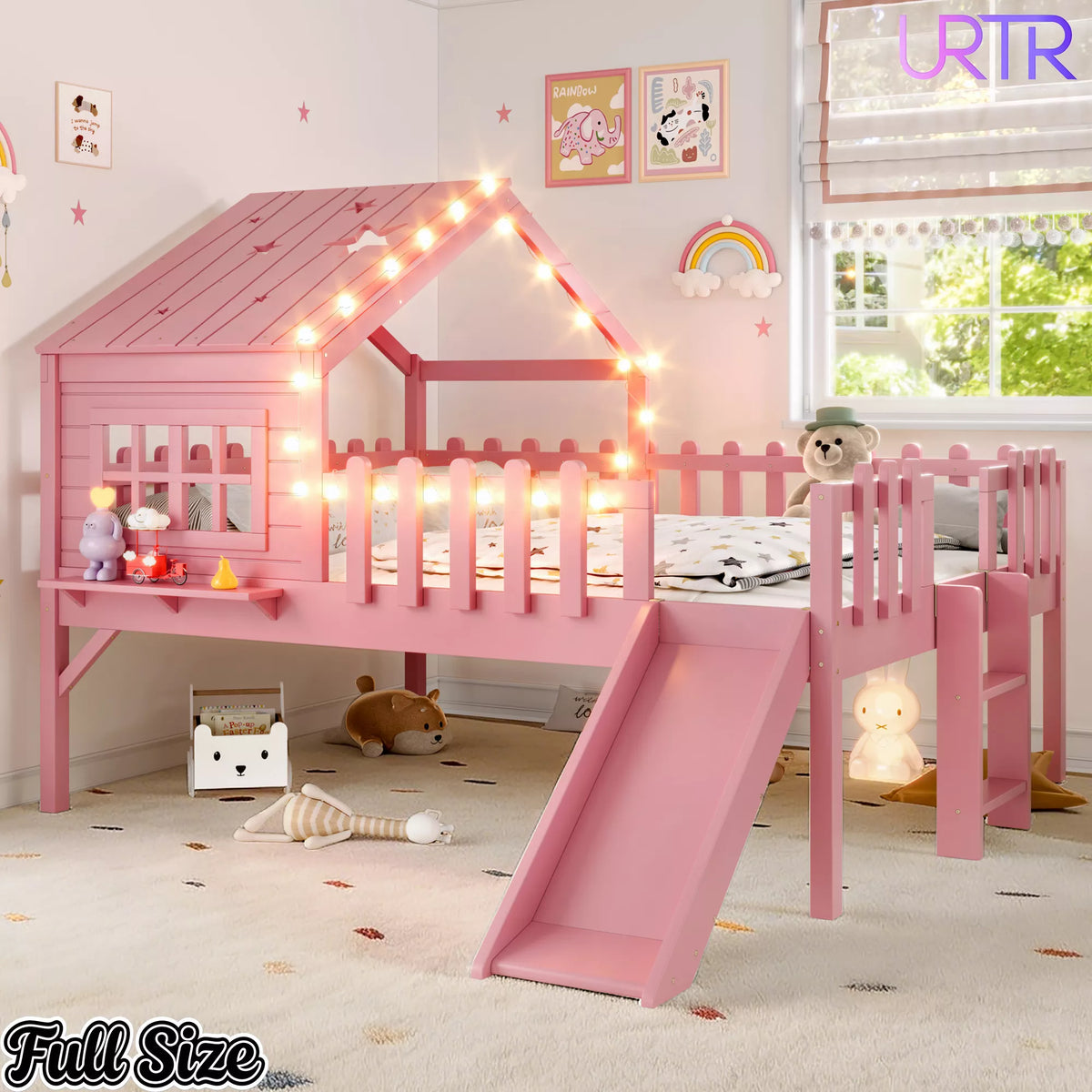 URTR Full Size Kids Low Loft Bed with Slide,House Loft Bed with LED Lights and Ladder,Solid Wood Girls Loft Bed Frame with Safety Guardrails for Girls Boys,Natural