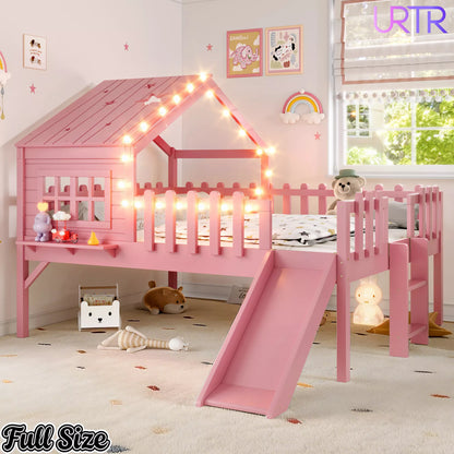 URTR Full Size Kids Low Loft Bed with Slide,House Loft Bed with LED Lights and Ladder,Solid Wood Girls Loft Bed Frame with Safety Guardrails for Girls Boys,Natural