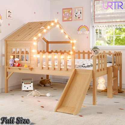URTR Full Size Kids Low Loft Bed with Slide,House Loft Bed with LED Lights and Ladder,Solid Wood Girls Loft Bed Frame with Safety Guardrails for Girls Boys,Natural