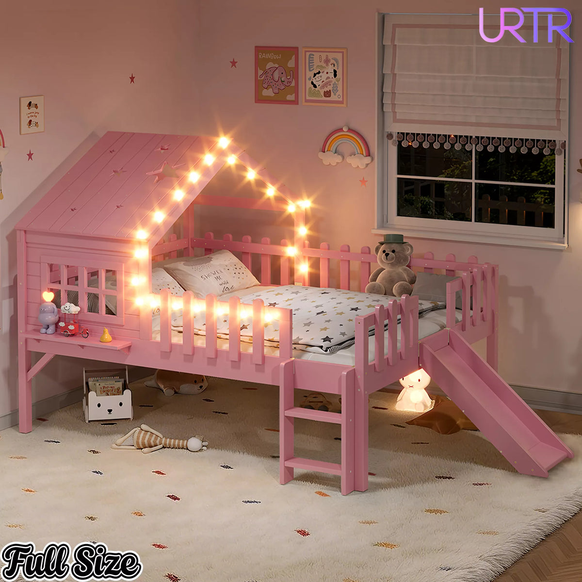 URTR Full Size Kids Low Loft Bed with Slide,House Loft Bed with LED Lights and Ladder,Solid Wood Girls Loft Bed Frame with Safety Guardrails for Girls Boys,Natural