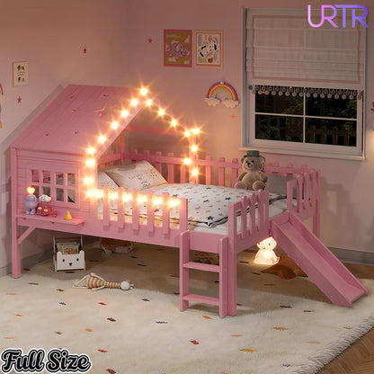 URTR Full Size Kids Low Loft Bed with Slide,House Loft Bed with LED Lights and Ladder,Solid Wood Girls Loft Bed Frame with Safety Guardrails for Girls Boys,Natural