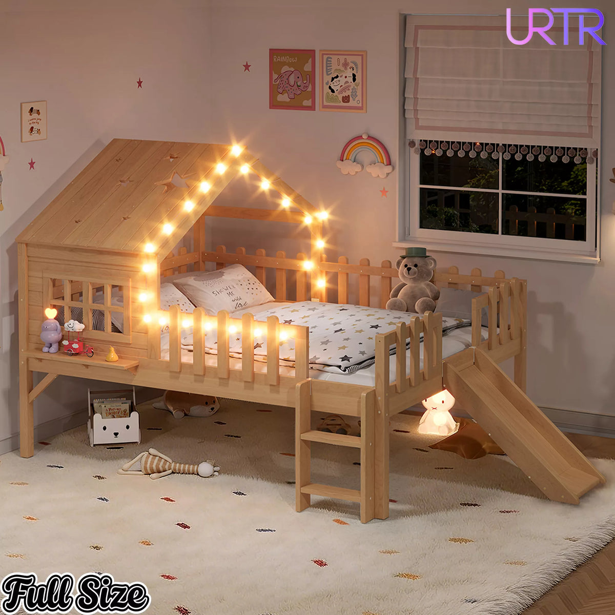URTR Full Size Kids Low Loft Bed with Slide,House Loft Bed with LED Lights and Ladder,Solid Wood Girls Loft Bed Frame with Safety Guardrails for Girls Boys,Natural