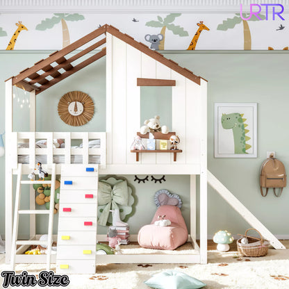 URTR Playhouse Loft Bed with Slide, Ladder & House Roof Design, Kids Loft Bed with Window, Convertible Bunk Bed