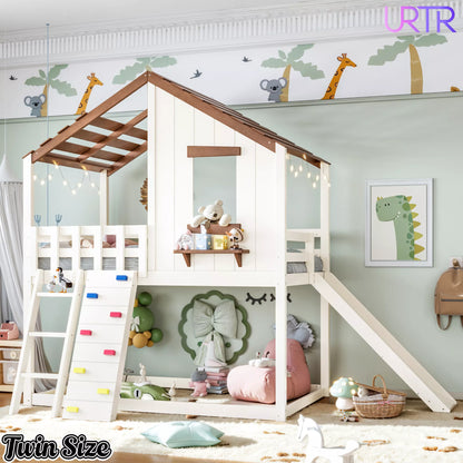 URTR Playhouse Loft Bed with Slide, Ladder & House Roof Design, Kids Loft Bed with Window, Convertible Bunk Bed
