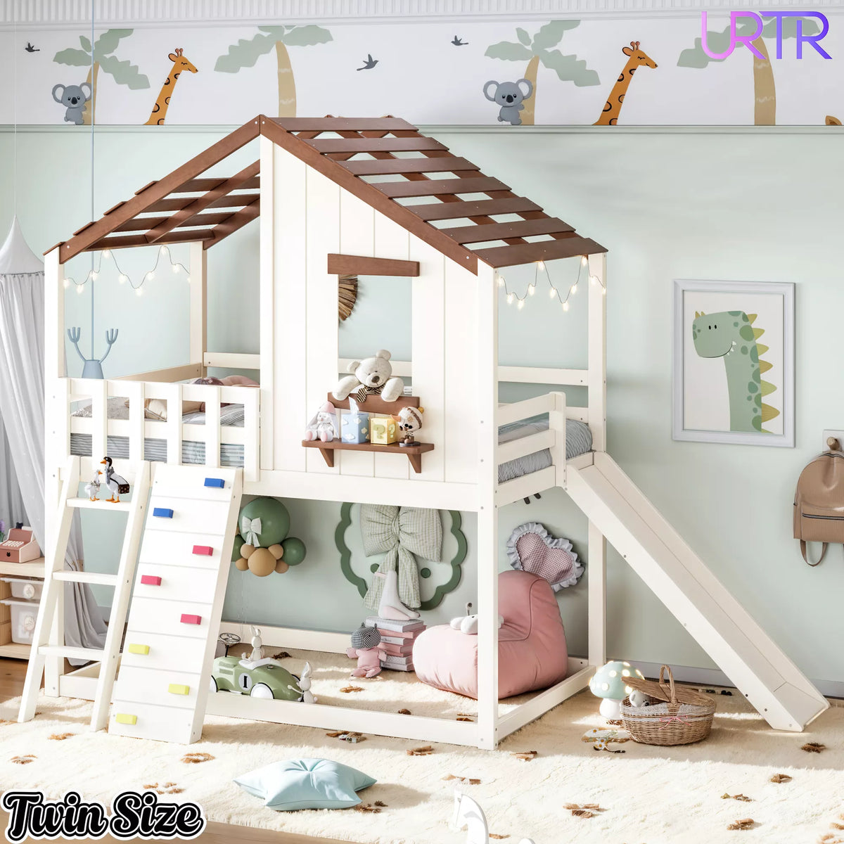 URTR Playhouse Loft Bed with Slide, Ladder & House Roof Design, Kids Loft Bed with Window, Convertible Bunk Bed