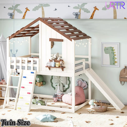 URTR Playhouse Loft Bed with Slide, Ladder & House Roof Design, Kids Loft Bed with Window, Convertible Bunk Bed