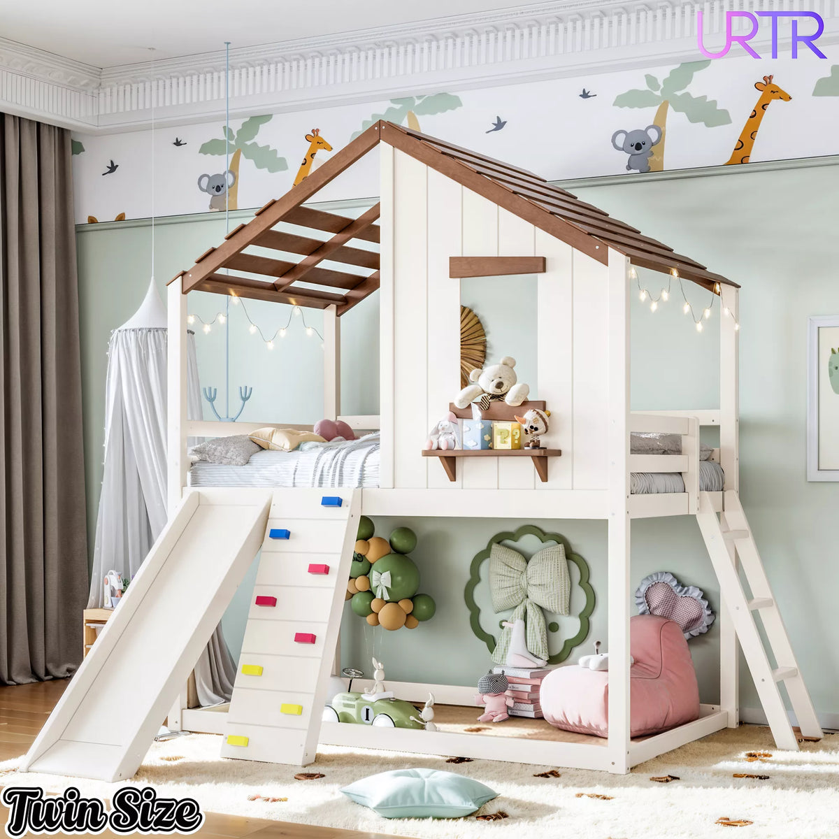 URTR Playhouse Loft Bed with Slide, Ladder & House Roof Design, Kids Loft Bed with Window, Convertible Bunk Bed