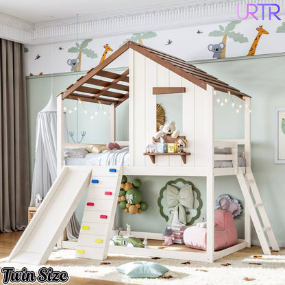 URTR Playhouse Loft Bed with Slide, Ladder & House Roof Design, Kids Loft Bed with Window, Convertible Bunk Bed