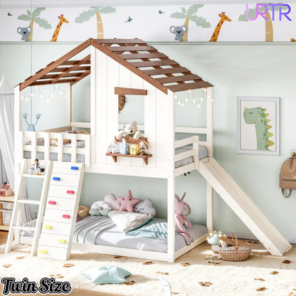 URTR Playhouse Loft Bed with Slide, Ladder & House Roof Design, Kids Loft Bed with Window, Convertible Bunk Bed