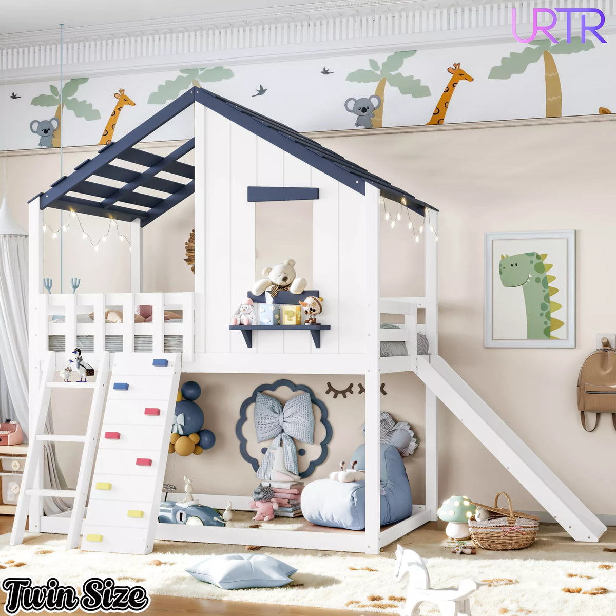 URTR Playhouse Loft Bed with Slide, Ladder & House Roof Design, Kids Loft Bed with Window, Convertible Bunk Bed