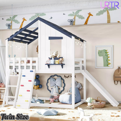 URTR Playhouse Loft Bed with Slide, Ladder & House Roof Design, Kids Loft Bed with Window, Convertible Bunk Bed