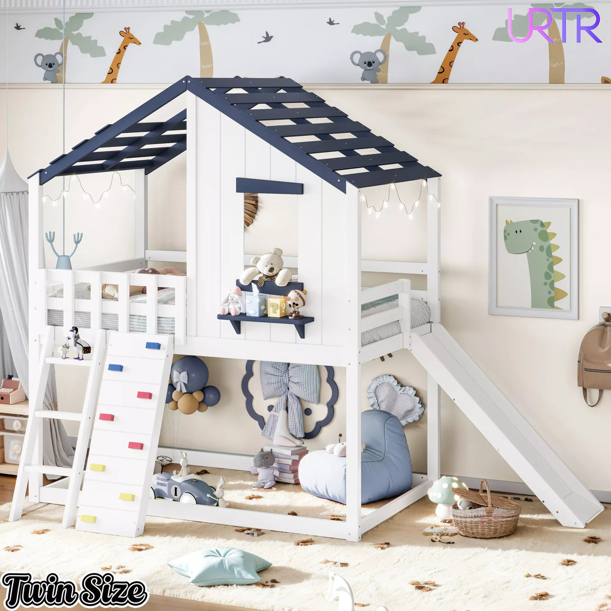 URTR Playhouse Loft Bed with Slide, Ladder & House Roof Design, Kids Loft Bed with Window, Convertible Bunk Bed