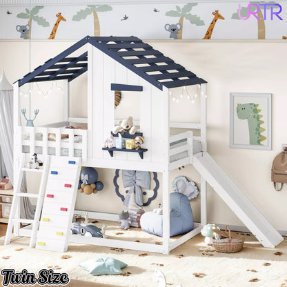 URTR Playhouse Loft Bed with Slide, Ladder & House Roof Design, Kids Loft Bed with Window, Convertible Bunk Bed