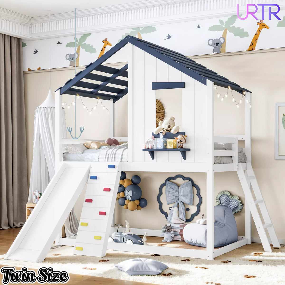 URTR Playhouse Loft Bed with Slide, Ladder & House Roof Design, Kids Loft Bed with Window, Convertible Bunk Bed