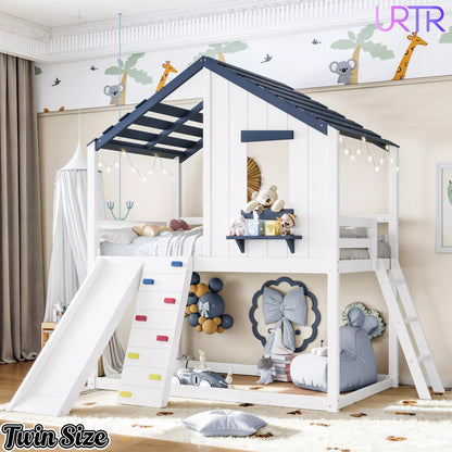 URTR Playhouse Loft Bed with Slide, Ladder & House Roof Design, Kids Loft Bed with Window, Convertible Bunk Bed